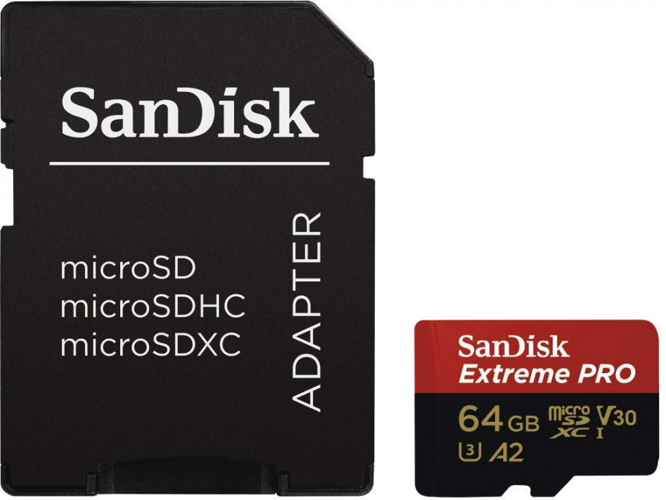 SanDisk microSDXC Extreme Pro V30 64GB C10 UHS-I U3 + SD адаптер (SDSQXCY-064G-GN6MA)