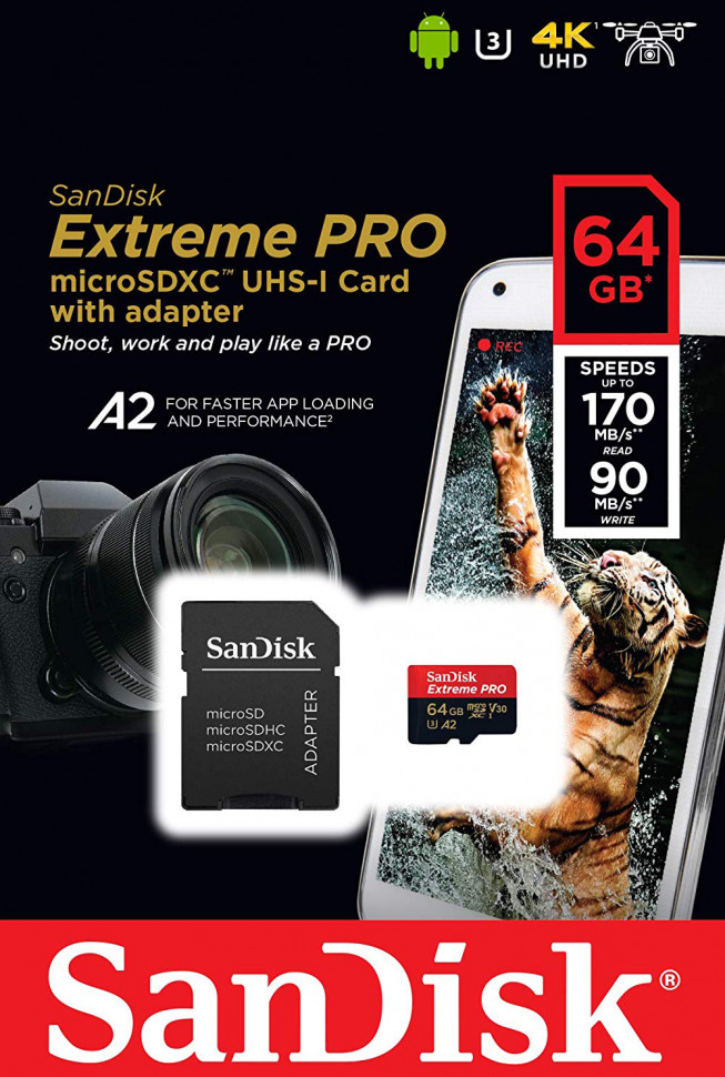 SanDisk microSDXC Extreme Pro V30 64GB C10 UHS-I U3 + SD адаптер (SDSQXCY-064G-GN6MA)