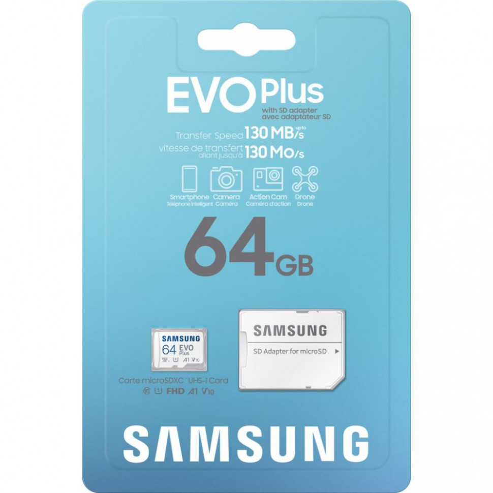 Карта памяти Samsung 64GB microSDXC Class 10 UHS-I U1 V10 A1 EVO Plus + SD Adapter (MB-MC64KA/RU)