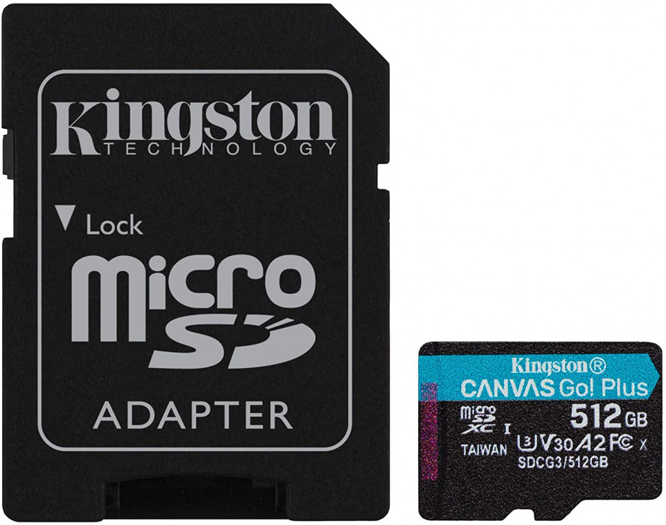 Карта памяти Kingston 512GB microSDXC C10 UHS-I U3 A2 R170/W90MB/s + SD адаптер (SDCG3/512GB)