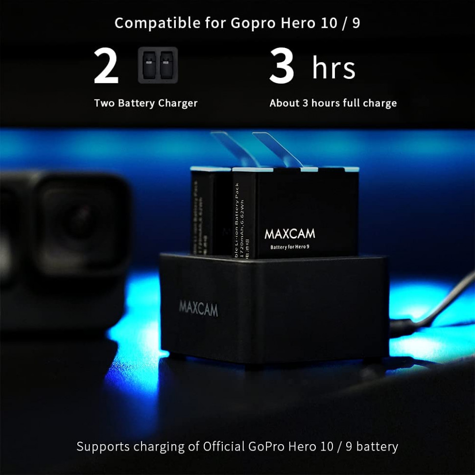 Двойное зарядное устройство MAXCAM Dual Battery Charger для Hero 12, Hero 11, Hero 10, Hero 9