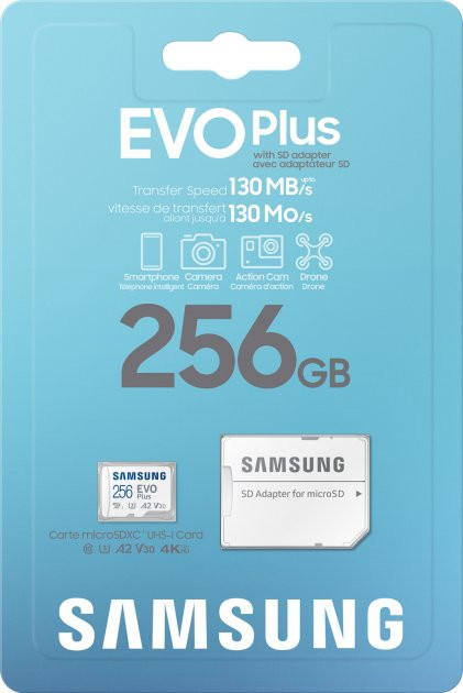 Карта памяти Samsung 256GB microSDXC Class 10 UHS-I U3 V30 A2 EVO Plus + SD Adapter (MB-MC256KA/RU)