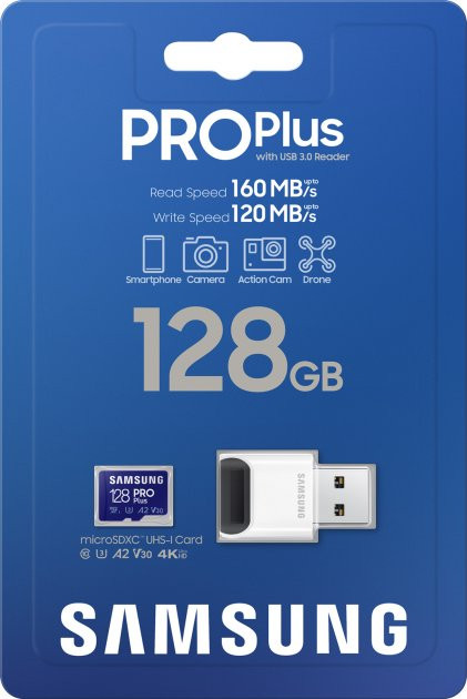 Карта памяти Samsung 128GB microSDXC Class 10 UHS-I U3 V30 A2 PRO Plus + SD Adapter (MB-MD128KA/RU)