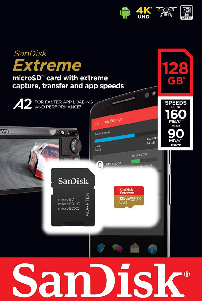 Карта памяти SanDisk 128GB Extreme microSDXC UHS-I + SD адаптер (SDSQXA1-128G-GN6AA)
