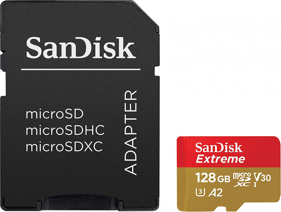 Карта памяти SanDisk 128GB Extreme microSDXC UHS-I + SD адаптер (SDSQXA1-128G-GN6AA)