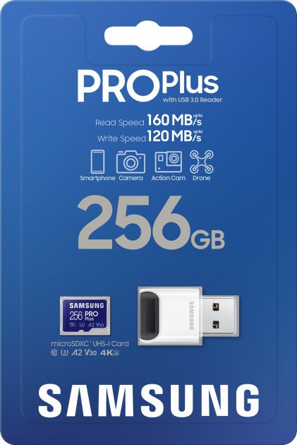 Карта памяти Samsung 256GB microSDXC Class 10 UHS-I U3 V30 A2 PRO Plus + SD Adapter (MB-MD256KA/RU)