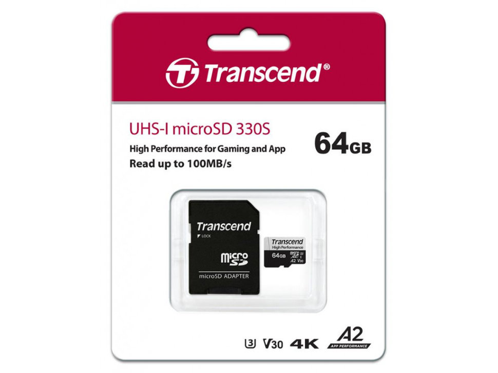 Transcend microSDXC 64GB Class C10 UHS-I U3 A2 + SD (TS64GUSD330S)